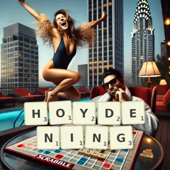 Creative illustration for a Scrabble game with the word HOYDENING spelled out in tiles on the board.