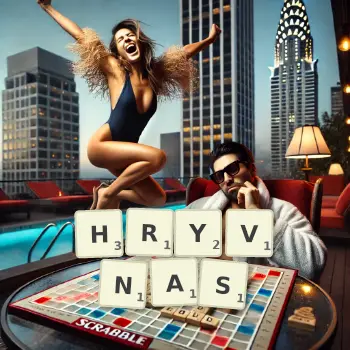 Creative illustration for a Scrabble game with the word HRYVNAS spelled out in tiles on the board.