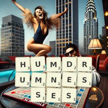 Creative illustration for a Scrabble game with the word HUMDRUMNESSES spelled out in tiles on the board.