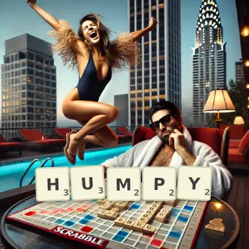 Creative illustration for a Scrabble game with the word HUMPY spelled out in tiles on the board.