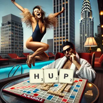 Creative illustration for a Scrabble game with the word HUP spelled out in tiles on the board.