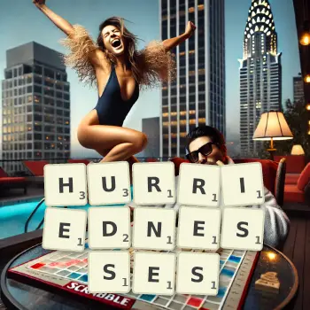 Creative illustration for a Scrabble game with the word HURRIEDNESSES spelled out in tiles on the board.