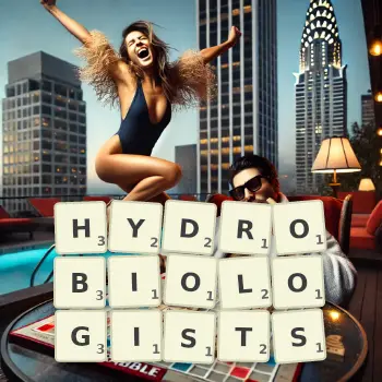 Creative illustration for a Scrabble game with the word HYDROBIOLOGISTS spelled out in tiles on the board.