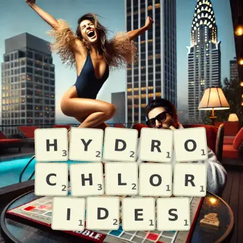 Creative illustration for a Scrabble game with the word HYDROCHLORIDES spelled out in tiles on the board.