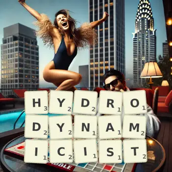 Creative illustration for a Scrabble game with the word HYDRODYNAMICIST spelled out in tiles on the board.