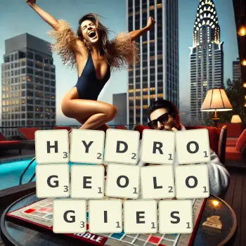 Creative illustration for a Scrabble game with the word HYDROGEOLOGIES spelled out in tiles on the board.