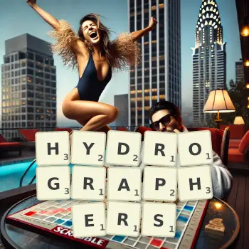 Creative illustration for a Scrabble game with the word HYDROGRAPHERS spelled out in tiles on the board.
