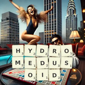 Creative illustration for a Scrabble game with the word HYDROMEDUSOID spelled out in tiles on the board.