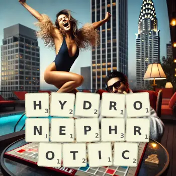 Creative illustration for a Scrabble game with the word HYDRONEPHROTIC spelled out in tiles on the board.