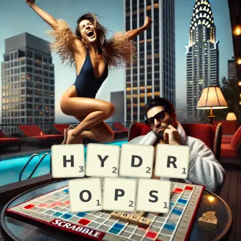 Creative illustration for a Scrabble game with the word HYDROPS spelled out in tiles on the board.