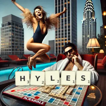 Creative illustration for a Scrabble game with the word HYLES spelled out in tiles on the board.