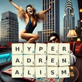 Creative illustration for a Scrabble game with the word HYPERADRENALISM spelled out in tiles on the board.