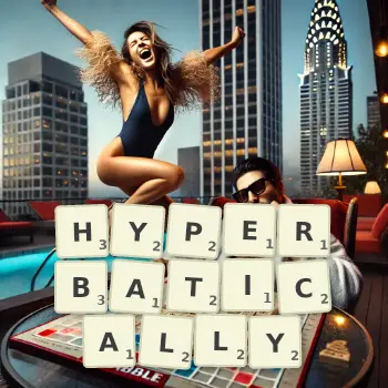 Creative illustration for a Scrabble game with the word HYPERBATICALLY spelled out in tiles on the board.