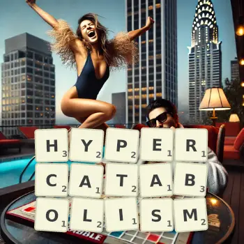 Creative illustration for a Scrabble game with the word HYPERCATABOLISM spelled out in tiles on the board.