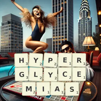 Creative illustration for a Scrabble game with the word HYPERGLYCEMIAS spelled out in tiles on the board.
