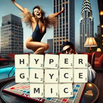 Creative illustration for a Scrabble game with the word HYPERGLYCEMIC spelled out in tiles on the board.