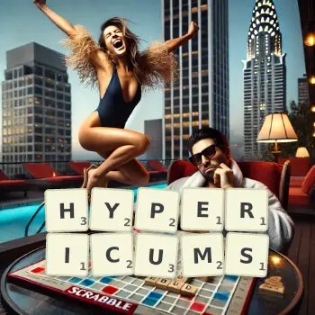 Creative illustration for a Scrabble game with the word HYPERICUMS spelled out in tiles on the board.