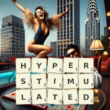 Creative illustration for a Scrabble game with the word HYPERSTIMULATED spelled out in tiles on the board.