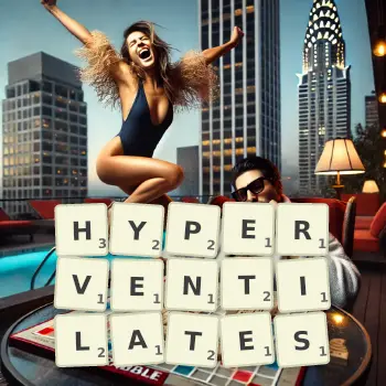 Creative illustration for a Scrabble game with the word HYPERVENTILATES spelled out in tiles on the board.