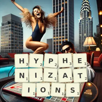 Creative illustration for a Scrabble game with the word HYPHENIZATIONS spelled out in tiles on the board.