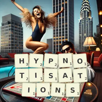 Creative illustration for a Scrabble game with the word HYPNOTISATIONS spelled out in tiles on the board.