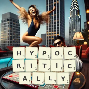 Creative illustration for a Scrabble game with the word HYPOCRITICALLY spelled out in tiles on the board.
