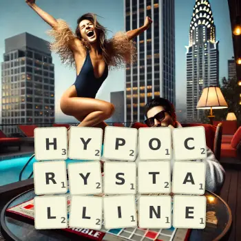 Creative illustration for a Scrabble game with the word HYPOCRYSTALLINE spelled out in tiles on the board.