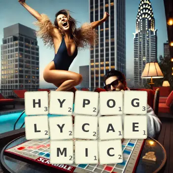 Creative illustration for a Scrabble game with the word HYPOGLYCAEMIC spelled out in tiles on the board.