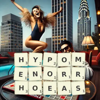 Creative illustration for a Scrabble game with the word HYPOMENORRHOEAS spelled out in tiles on the board.