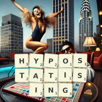 Creative illustration for a Scrabble game with the word HYPOSTATISING spelled out in tiles on the board.