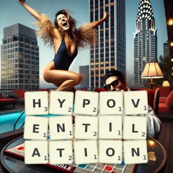 Creative illustration for a Scrabble game with the word HYPOVENTILATION spelled out in tiles on the board.