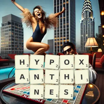 Creative illustration for a Scrabble game with the word HYPOXANTHINES spelled out in tiles on the board.