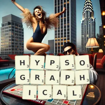 Creative illustration for a Scrabble game with the word HYPSOGRAPHICAL spelled out in tiles on the board.