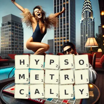Creative illustration for a Scrabble game with the word HYPSOMETRICALLY spelled out in tiles on the board.