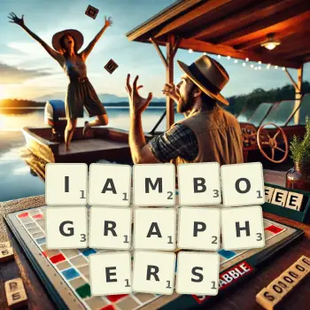 Creative illustration for a Scrabble game with the word IAMBOGRAPHERS spelled out in tiles on the board.
