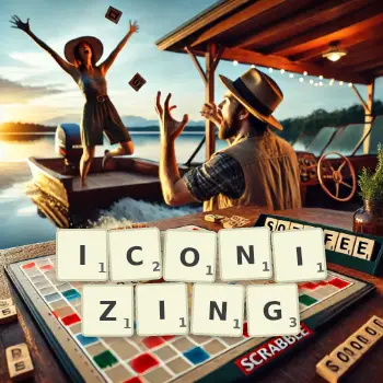 Creative illustration for a Scrabble game with the word ICONIZING spelled out in tiles on the board.