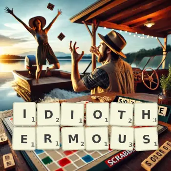 Creative illustration for a Scrabble game with the word IDIOTHERMOUS spelled out in tiles on the board.