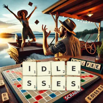 Creative illustration for a Scrabble game with the word IDLESSES spelled out in tiles on the board.