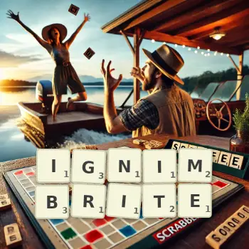 Creative illustration for a Scrabble game with the word IGNIMBRITE spelled out in tiles on the board.