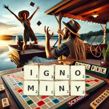 Creative illustration for a Scrabble game with the word IGNOMINY spelled out in tiles on the board.