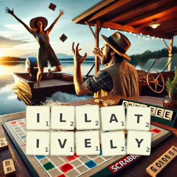 Creative illustration for a Scrabble game with the word ILLATIVELY spelled out in tiles on the board.