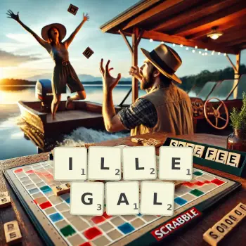 Creative illustration for a Scrabble game with the word ILLEGAL spelled out in tiles on the board.