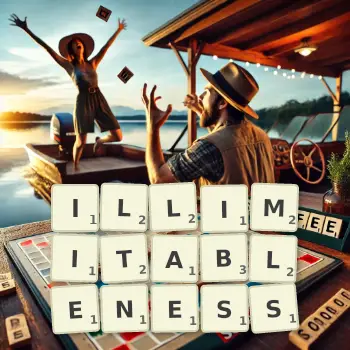 Creative illustration for a Scrabble game with the word ILLIMITABLENESS spelled out in tiles on the board.