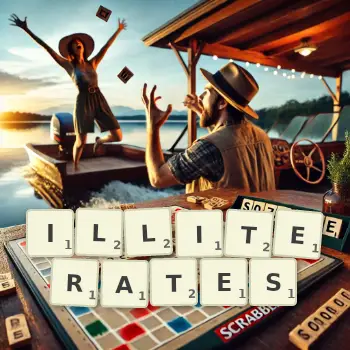 Creative illustration for a Scrabble game with the word ILLITERATES spelled out in tiles on the board.