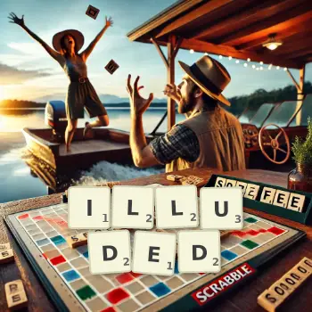 Creative illustration for a Scrabble game with the word ILLUDED spelled out in tiles on the board.