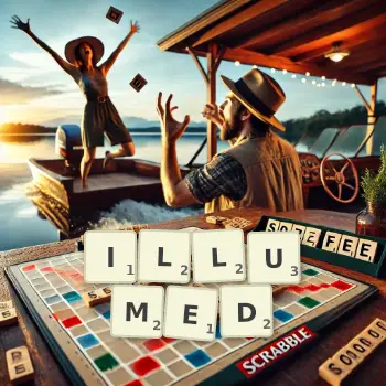 Creative illustration for a Scrabble game with the word ILLUMED spelled out in tiles on the board.