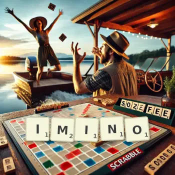 Creative illustration for a Scrabble game with the word IMINO spelled out in tiles on the board.