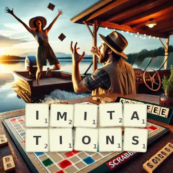 Creative illustration for a Scrabble game with the word IMITATIONS spelled out in tiles on the board.