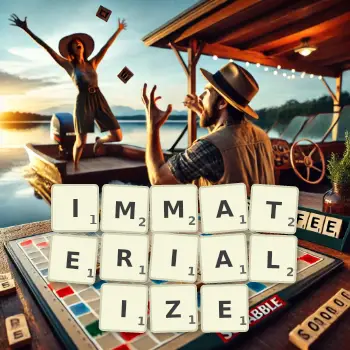 Creative illustration for a Scrabble game with the word IMMATERIALIZE spelled out in tiles on the board.