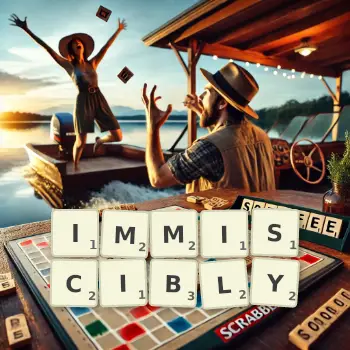 Creative illustration for a Scrabble game with the word IMMISCIBLY spelled out in tiles on the board.